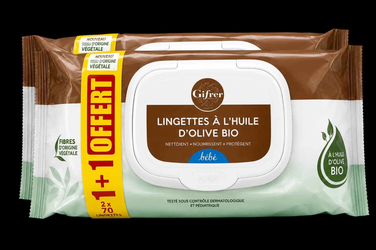 Offre Gifrer Lingettes Bébé à l’Huile d’Olive Bio 2×70 – 1 Acheté + 1 Offert